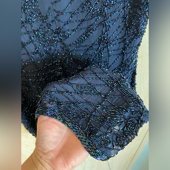 Vintage 90s Oleg Cassini Black Tie Beaded Silk Midnight Blue Cocktail Dress 6 - Picture 7 of 12